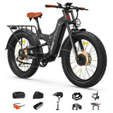 26" Dual Motor Electric Fat Tyre Mountain Bike 48V 30Ah Full Suspension AWD