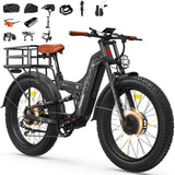 26" Dual Motor Electric Fat Tyre Mountain Bike 48V 30Ah Full Suspension AWD